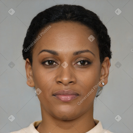 Joyful latino young-adult female with short  black hair and brown eyes