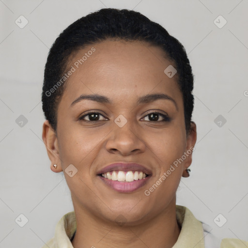 Joyful latino young-adult female with short  brown hair and brown eyes