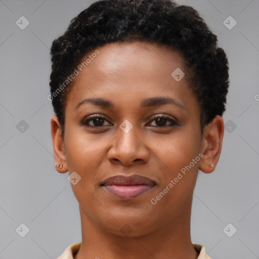 Joyful black young-adult female with short  brown hair and brown eyes