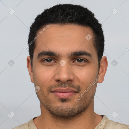 Neutral latino young-adult male with short  black hair and brown eyes