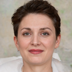 Joyful white adult female with medium  brown hair and grey eyes