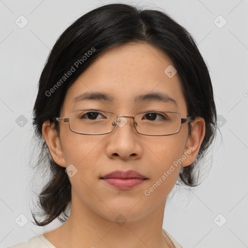 Neutral asian young-adult female with medium  brown hair and brown eyes