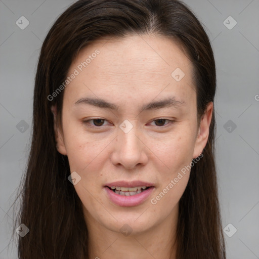 Joyful white young-adult female with long  brown hair and brown eyes