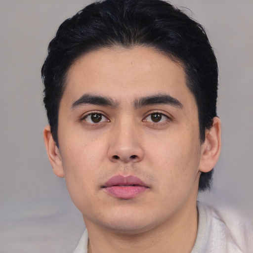 Neutral asian young-adult male with short  black hair and brown eyes