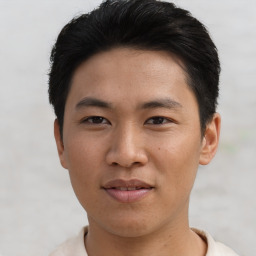 Neutral asian young-adult male with short  black hair and brown eyes