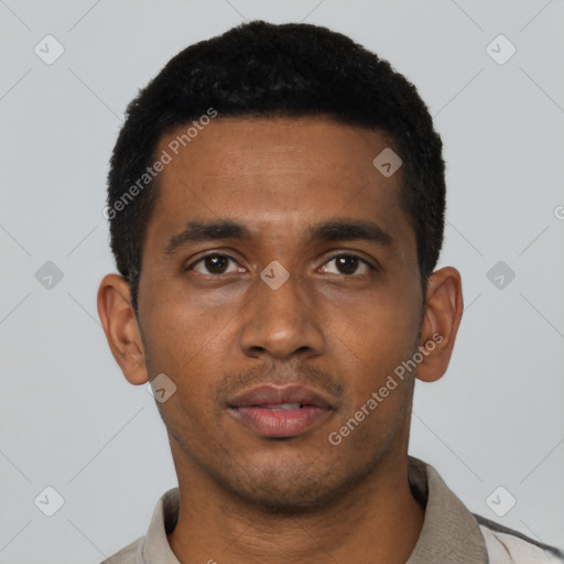Neutral black young-adult male with short  black hair and brown eyes
