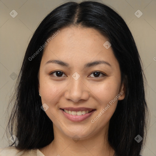 Joyful latino young-adult female with medium  brown hair and brown eyes