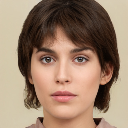 Neutral white young-adult female with medium  brown hair and brown eyes