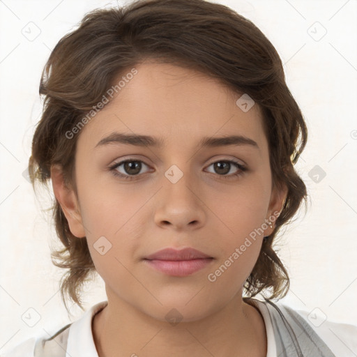 Neutral white young-adult female with medium  brown hair and brown eyes