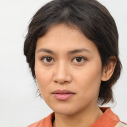 Neutral asian young-adult female with medium  brown hair and brown eyes