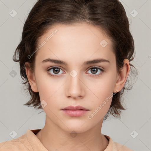 Neutral white young-adult female with medium  brown hair and brown eyes