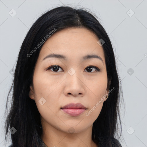 Neutral asian young-adult female with long  black hair and brown eyes