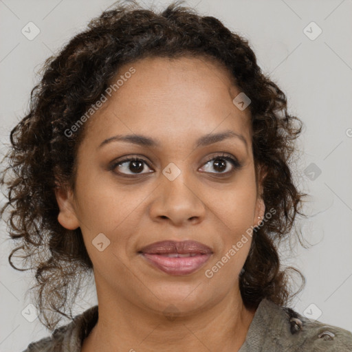 Joyful black young-adult female with medium  brown hair and brown eyes