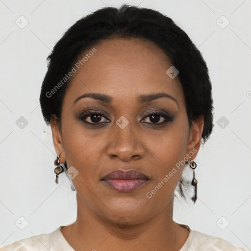 Joyful black young-adult female with short  black hair and brown eyes
