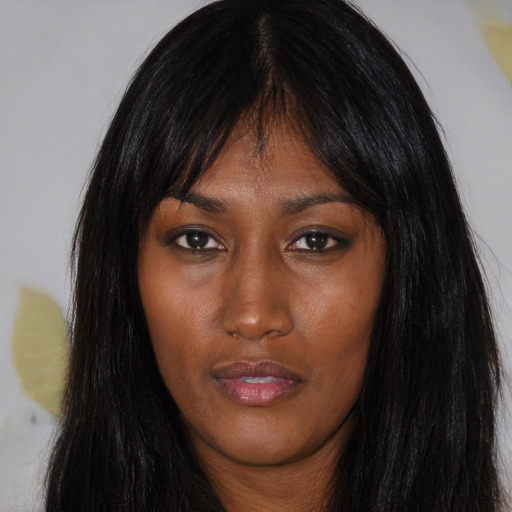 Neutral asian young-adult female with long  black hair and brown eyes