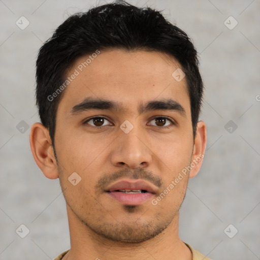 Neutral asian young-adult male with short  black hair and brown eyes