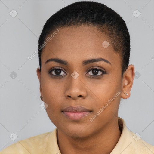 Neutral black young-adult female with short  black hair and brown eyes