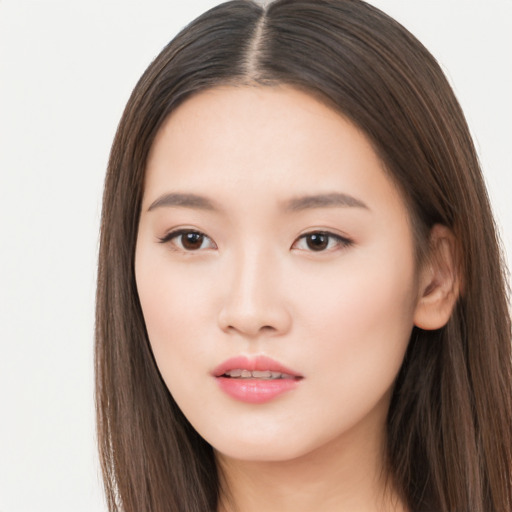 Neutral asian young-adult female with long  brown hair and brown eyes