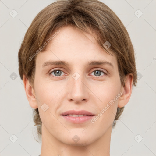 Joyful white young-adult female with medium  brown hair and green eyes