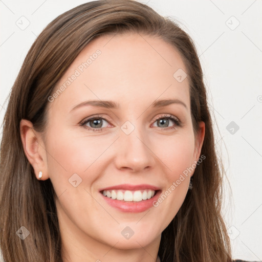 Joyful white young-adult female with long  brown hair and grey eyes