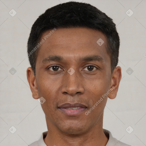 Neutral black young-adult male with short  black hair and brown eyes