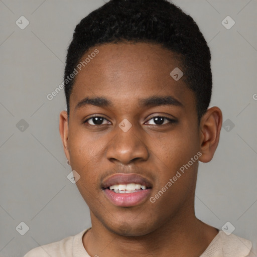 Joyful black young-adult male with short  black hair and brown eyes