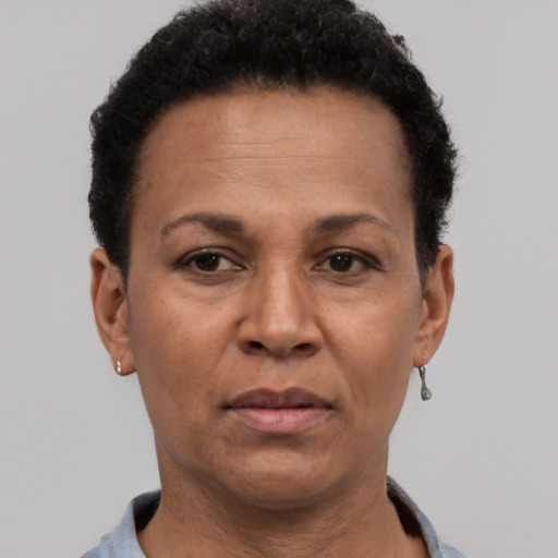 Neutral black adult female with short  black hair and brown eyes