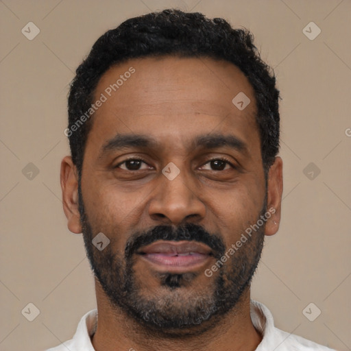 Neutral latino adult male with short  black hair and brown eyes