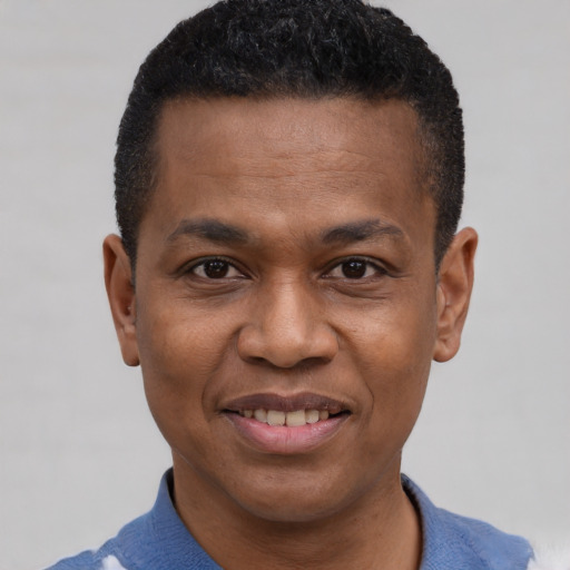 Joyful black young-adult male with short  black hair and brown eyes