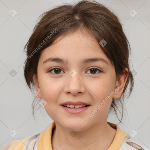 Joyful white child female with medium  brown hair and brown eyes