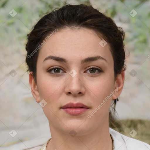 Neutral white young-adult female with short  brown hair and brown eyes