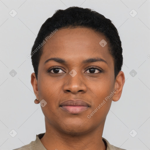 Joyful black young-adult female with short  black hair and brown eyes