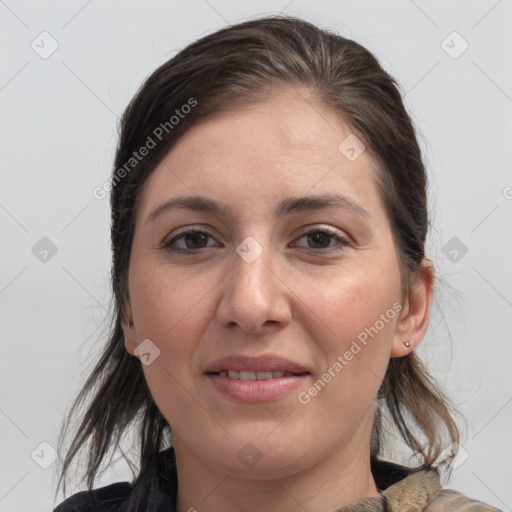 Joyful white young-adult female with medium  brown hair and grey eyes