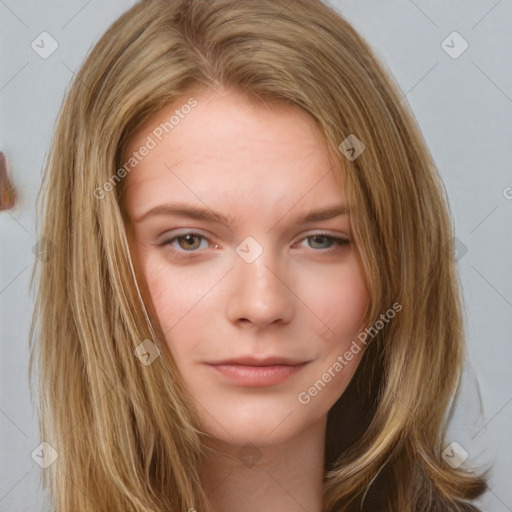 Neutral white young-adult female with long  brown hair and brown eyes