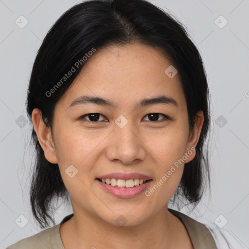 Joyful asian young-adult female with medium  brown hair and brown eyes