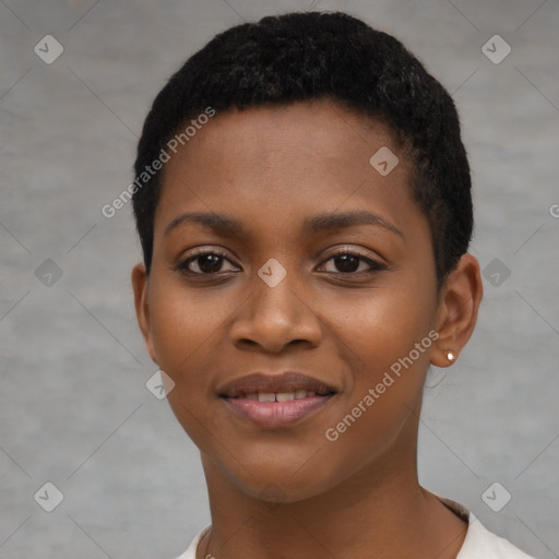 Joyful black young-adult female with short  brown hair and brown eyes