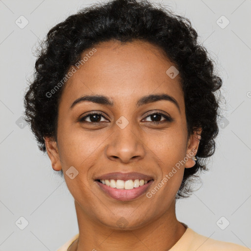 Joyful latino young-adult female with short  brown hair and brown eyes