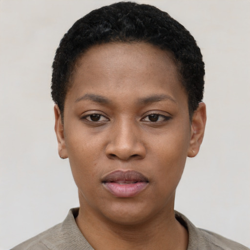 Neutral black young-adult female with short  black hair and brown eyes