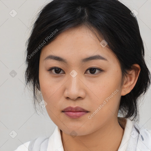 Neutral asian young-adult female with medium  brown hair and brown eyes