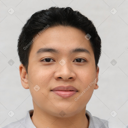 Joyful asian young-adult male with short  black hair and brown eyes