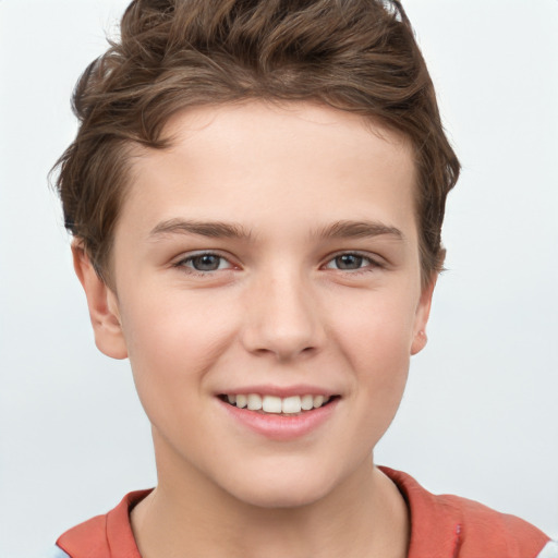 Joyful white child female with short  brown hair and brown eyes