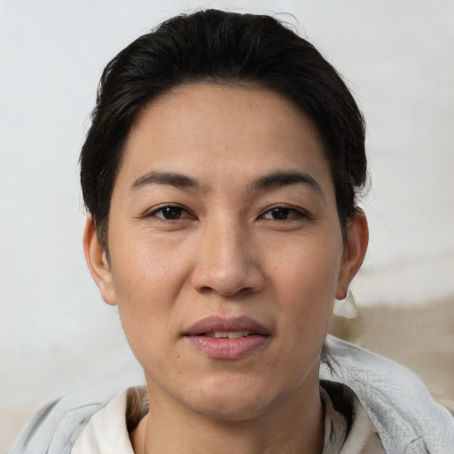 Joyful white young-adult female with short  black hair and brown eyes