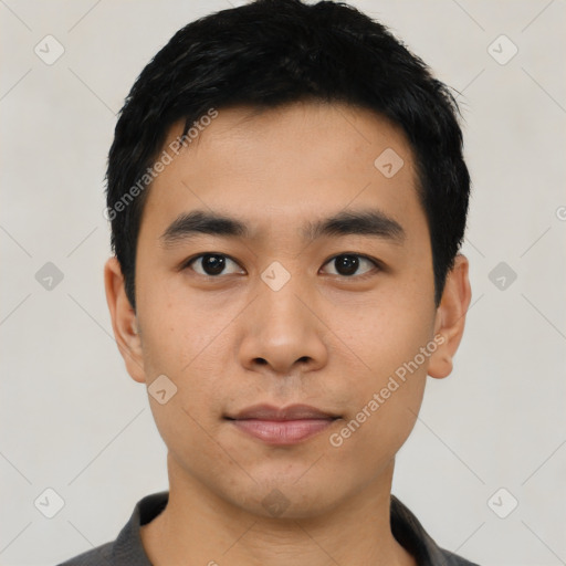 Neutral asian young-adult male with short  black hair and brown eyes