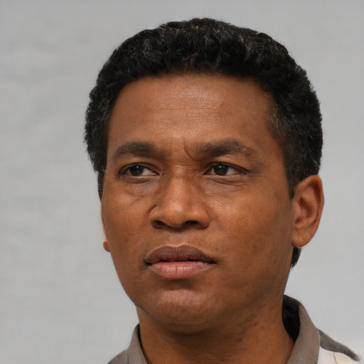 Neutral latino adult male with short  black hair and brown eyes