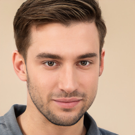 Neutral white young-adult male with short  brown hair and brown eyes