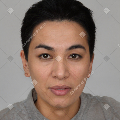 Joyful white young-adult female with short  black hair and brown eyes