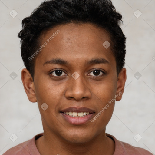 Joyful black young-adult male with short  brown hair and brown eyes