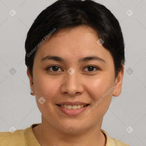 Joyful white young-adult female with short  brown hair and brown eyes