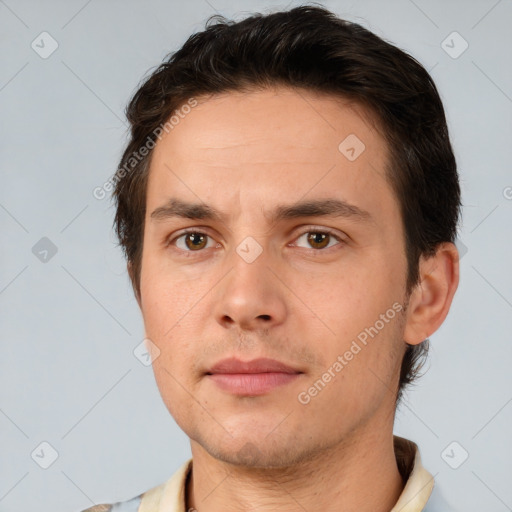 Neutral white young-adult male with short  brown hair and brown eyes