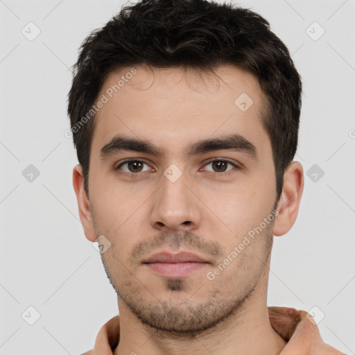 Neutral white young-adult male with short  brown hair and brown eyes